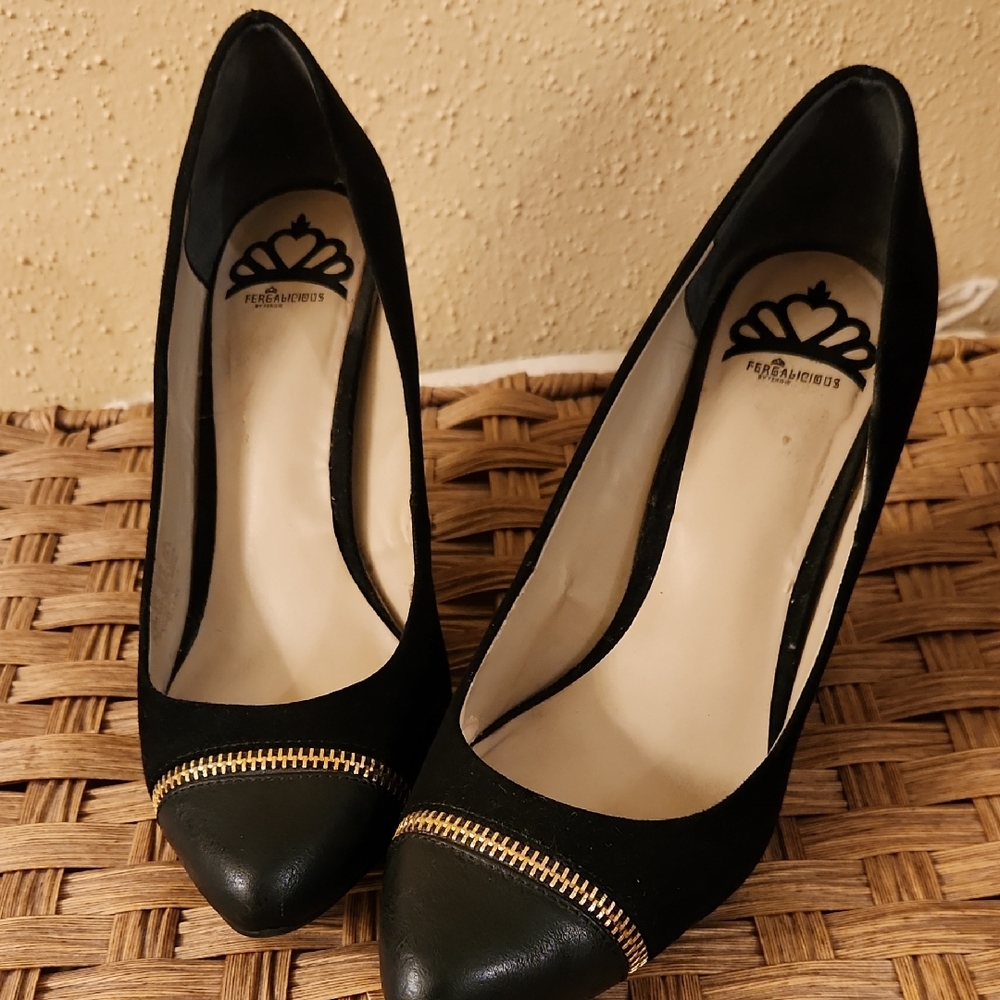 Fergalicious Black Suede Heels with Metallic Zipper Detail